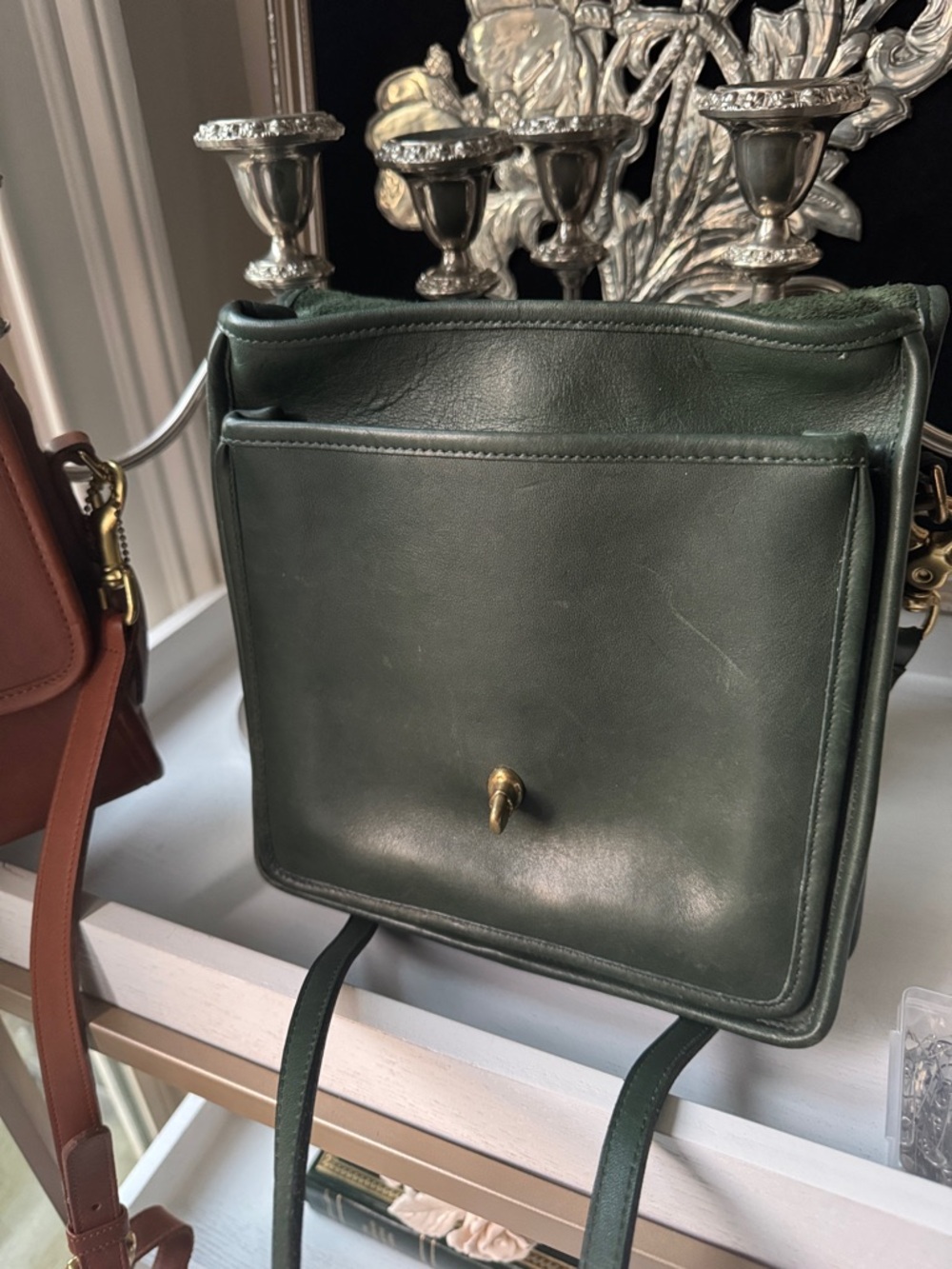 Coach Dark Green Leather Satchel with Top Handle and Crossbody Strap - Picture 7 of 9